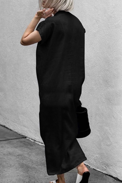 Plain Casual Elegant Ladies' Short Sleeve Deep V-Neck Tied Waist Slit Front Maxi Shift Dress