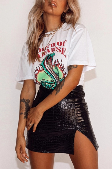 Plain Fancy Girls' Crocodile Pattern Leather Split Tight High Waisted Mini Skirt
