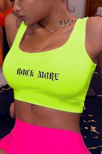 Plain Hot Sleeveless Letter ROCK MORE Printed Slim Fit Crop Tank Top for Girls