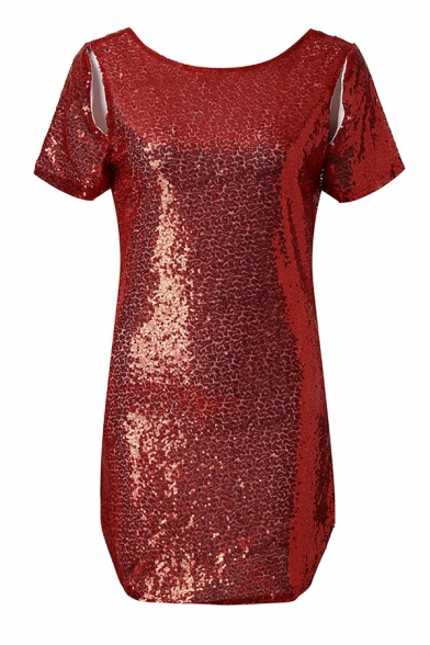 Plain Sparkly Short Sleeve Round Neck Cut Out Open Back Sequined Slit Side Mini A-Line Tee Dress for Party Girls