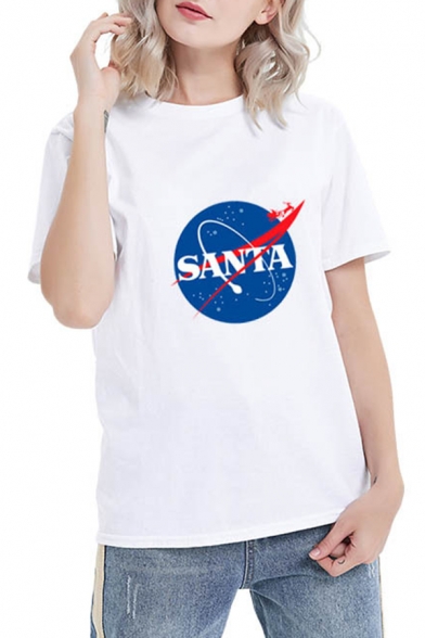 Popular Galaxy Letter SANTA Printed Short Sleeve Round Neck T-Shirt for Couple