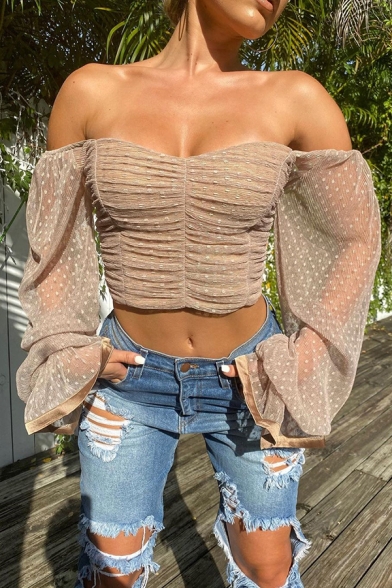 Sexy Fashion Girls' Blouson Sleeve Sweetheart Neck Ruffled Cuff Polka Dot See-Through Mesh Zip Back Ruched Plain Fitted Crop Top