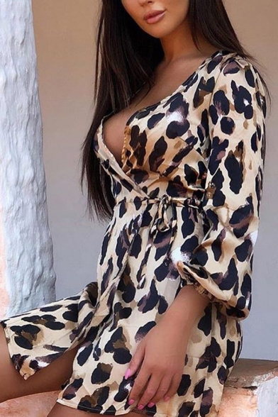 Sexy Ladies' Long Sleeve Surplice Neck Tied Waist Leopard Print Fitted Mini A-Line Dress in Brown