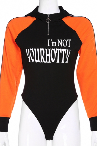 Sport Cool Contrast Sleeve Hooded Half Zip Letter I'M NOT YOUR HOTTY Print Slim Black Bodysuit for Girls