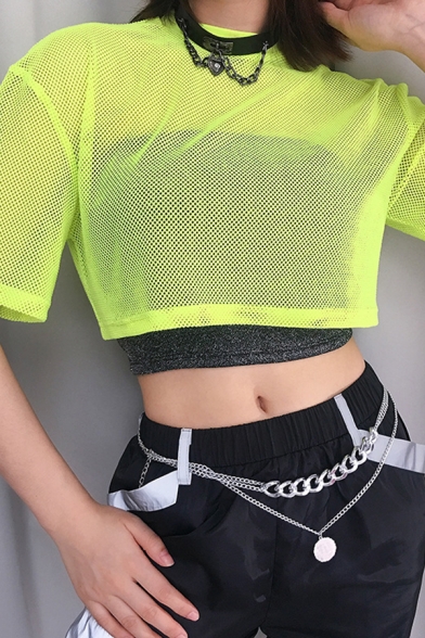 Stylish Girls' Short Sleeve Crew Neck Mesh Loose Fit Yellow Crop T-Shirt for Club