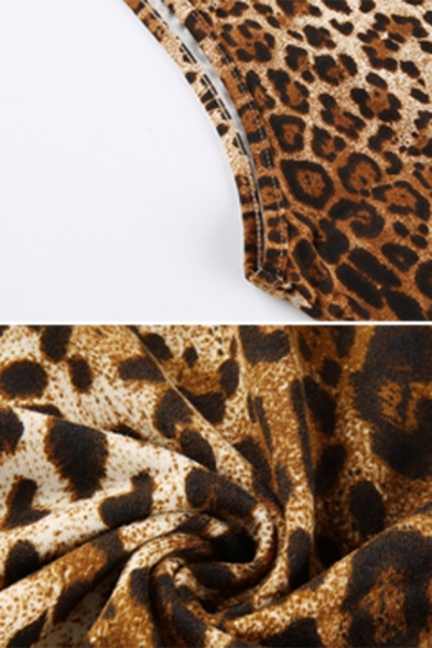 Stylish Girls' Sleeveless Mock Neck Leopard Patterned Slim Fit Crop Tank Top in Brown