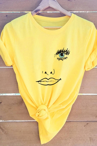 Summer Fancy Eye Nose Lip Pattern Rolled Short Sleeve Round Neck Leisure T-Shirt