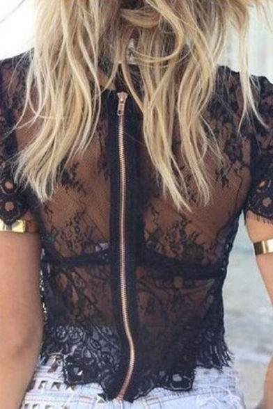 Summer Sexy Black Round Neck Short Sleeve Zip Back Hollow-Out Lace Sheer Mesh Cropped T-Shirt