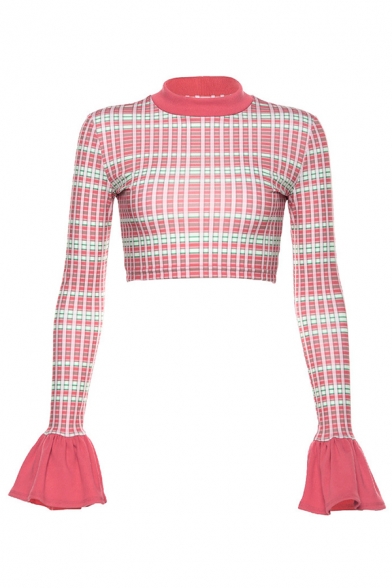 Trendy Girls' Long Sleeve Mock Neck Ruffled Cuff Checked Slim Fit Crop T-Shirt in Pink