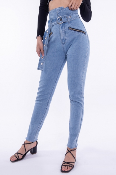 Trendy Street Girls' High Waist Belted Ribbon Zipper Frayed Cuffs Stretchy Ankle Skinny Jeans in Light Blue