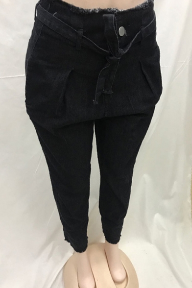 Trendy Street Women's High Rise Bow-Tie Waist Frayed Trim Plain Ankle Length Slim Fit Jeans