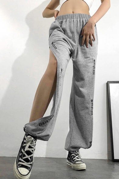Trendy Stylish Girls' Elastic Waist Letter SUCH CUTE Cut Out Side Cuffed Long Oversize Sweatpants in Grey