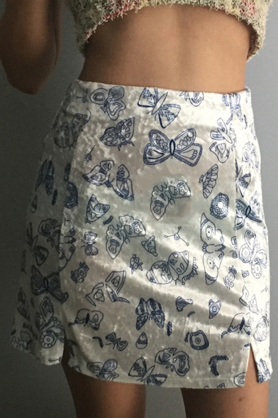 Trendy Stylish Girls' High Waist Zip Back Butterfly Patterned Split Detail Fitted Velvet Short A-Line Skirt