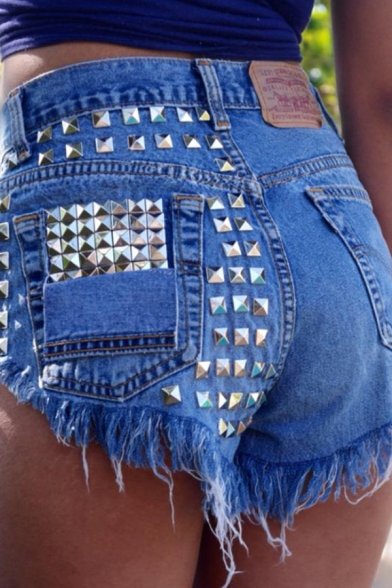 Unique Hot Street Girls' Mid Rise Distressed Rivet Embellished Frayed Trim Relaxed Denim Shorts in Blue