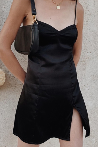 Womens Basic Solid Color Open Back Split Front Black Mini Strap Dress for Party