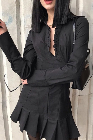 Womens Chic Stringy Selvedge Trim V-Neck Long Sleeve Black Plain Mini Pleated Dress for Party