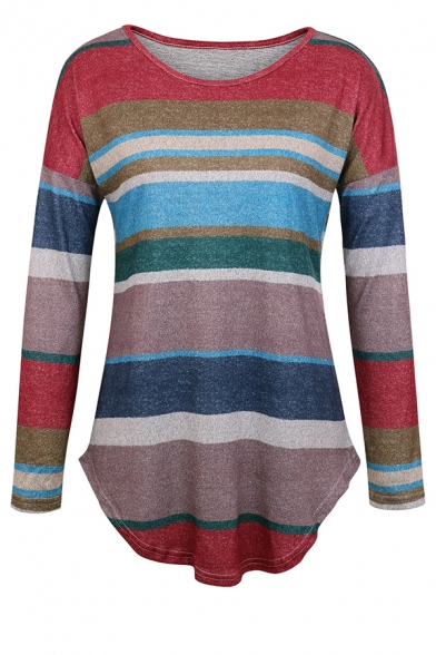 Womens Chic Stripes Printed Round Neck Arc Hem Loose Long Sleeves Pullover T-Shirt