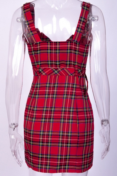 Womens Classic Plaid Adjustable Straps Zip Embellished Belted Mini A-Line Overall Dress