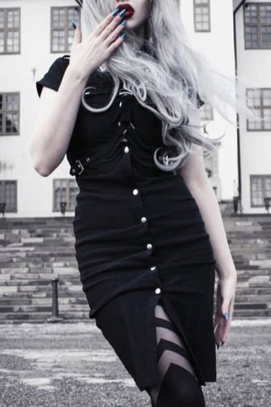Womens Cool Streetwear Black Plain Single Breasted Short Sleeve Midi Bodycon Uniform Dress