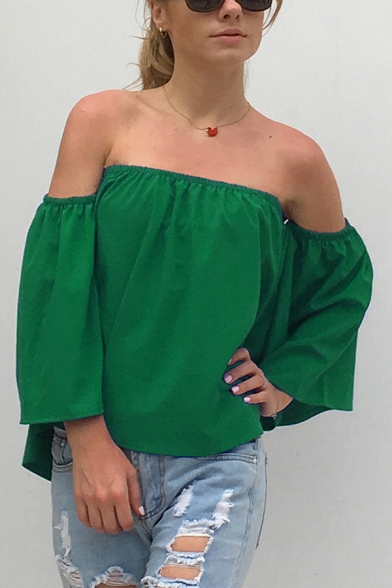 Womens Fashionable Solid Color Off the Shoulder 3/4 Length Sleeve Sexy Blouse Top