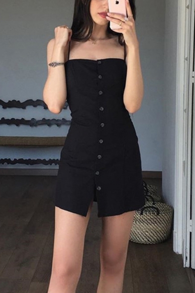 Womens Sexy Plain Black Button Spaghetti Straps Down Mini Fitted Cami Dress for Party