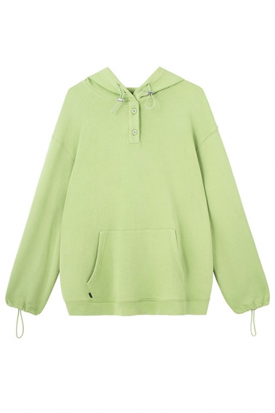 Womens Simple Light Green Plain Long Sleeve Loose Fit Hoodie with Pocket