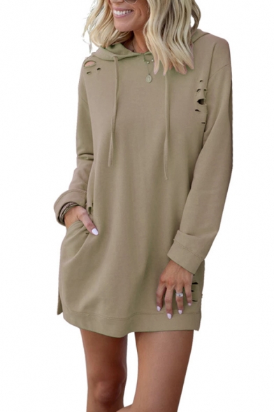 Womens Simple Plain Long Sleeve Ripped Detail Tunic Drawstring Hoodie Dress