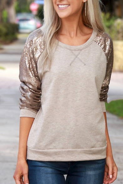Womens Simple Sequin Patched Long Sleeve Casual Top Pullover Sweatshirt