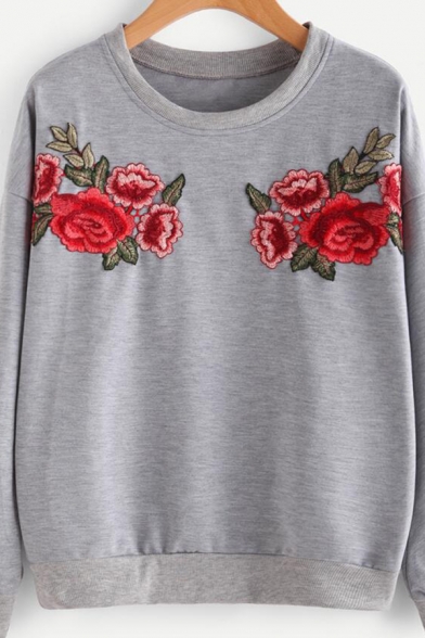 Womens Stylish Rose Embroidery Printed Long Sleeve Gray Pullover Sweatshirt