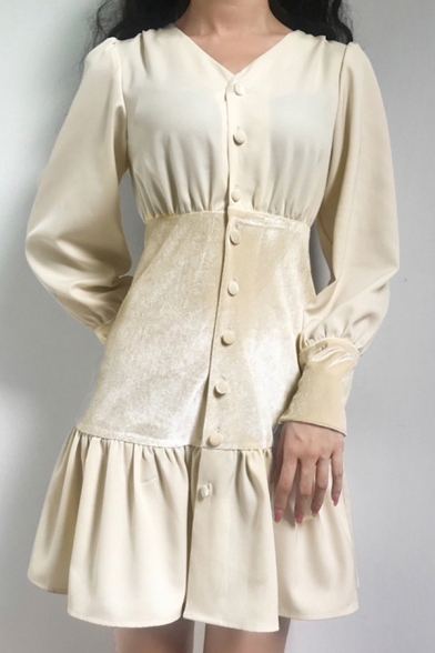 Womens Unique Plain Velvet Patch V-Neck Long Sleeve Button Down Ruffle Hem Mini A-Line Dress