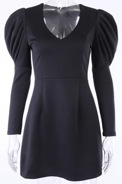 Black Elegant Deep V-Neck Puff Long Sleeve Gathered Waist Mini A-Line Dress for Party