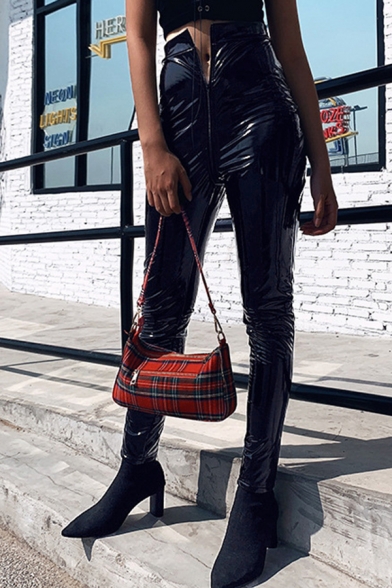 Black Trendy Cool Girls' High Waist Zipper Front Leather Long Skinny Pants