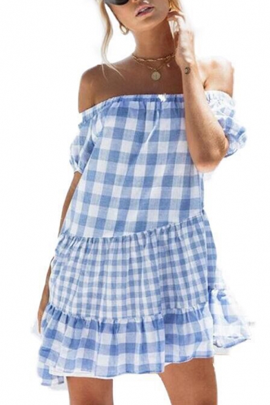 Blue Cute Girls' Puff Sleeve Off The Shoulder Plaid Patterned Patched Ruffled Trim Short Swing Dress for Party