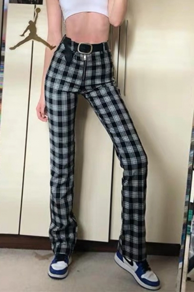 Chic Girls' High Waist Plaid Printed Zipper Front Long Slim Fit Straight Pants in Black