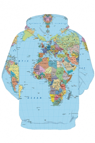 Classic World Map 3D Print Long Sleeve Pouch Pocket Drawstring Hoodie