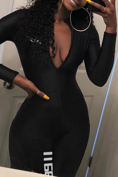 Cool Athletic Women's Long Sleeve Deep V-Neck Letter DRUNK GOD Print Zip Down Stretchy Tight Ankle Jumpsuit in Black