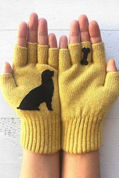 Creative Cartoon Dog and Bone Printed Knit Fingerless Gloves for Winter
