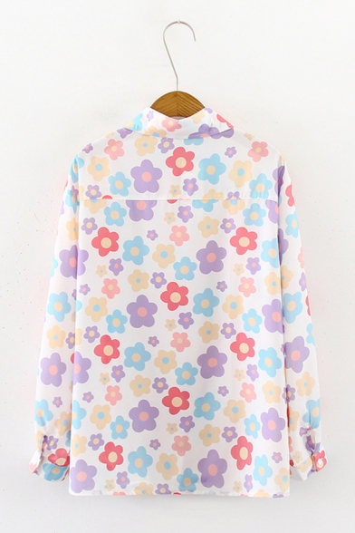 Cute Colorful Floral Pattern Long Sleeve Single Breasted White Oversized Shirt