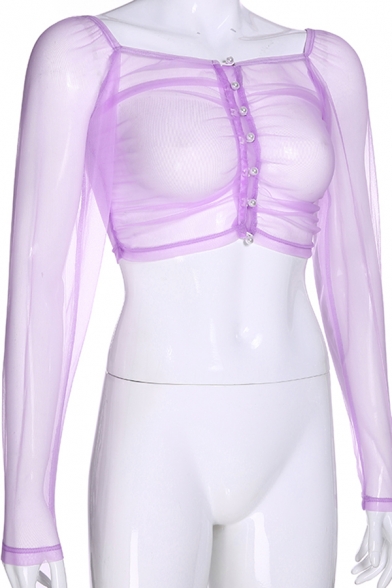 Cute Girls' Long Sleeve Square Neck Pearl Button Down Ruched Purple Mesh Crop Top