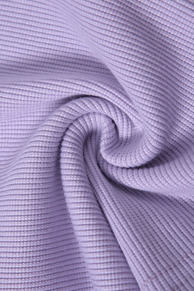 Cute Purple Sleeveless Round Neck Button Detail Knit Slim Fit Crop Tank Top for Women