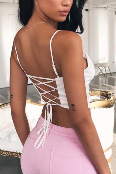 Cute White Sleeveless Scoop-Neck Lace-Up Back Ruched Slim Crop Cami for Girls