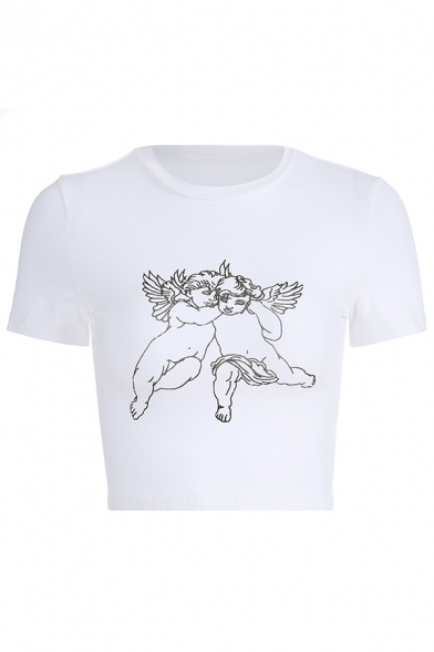 Edgy Girls Short Sleeve Crew Neck Angel Print Slim Fit Crop T-Shirt in White