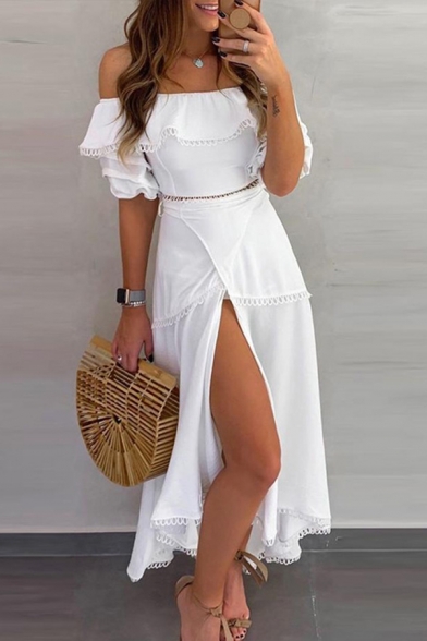 Elegant Ladies' Short Sleeve Off The Shoulder Lace Trim High Slit Front Long Flowy Dress in White