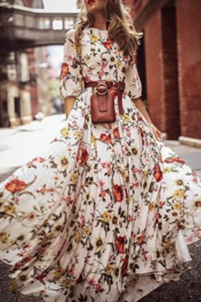 Fancy Women's Blouson Sleeve Round Neck Floral Print Maxi Pleated Flowy Dress in White