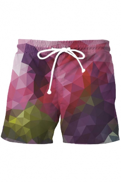 Fashion Summer Beach Drawstring Waist 3D Geometric Print Purple Swim Trunks for Men