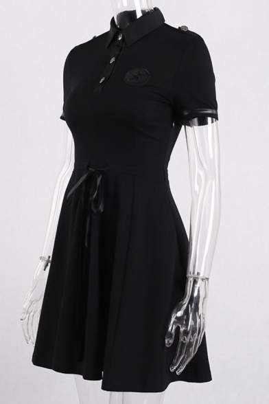 Girls Gothic Plain Black Lapel Collar Pentagram Print Button Down Drawstring Waist Mini A-Line Dress