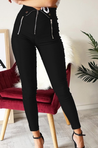 Girls' Unique Dark Mid Rise Half-Closure Zipper Button Cropped Leg Skinny Jeans in Black