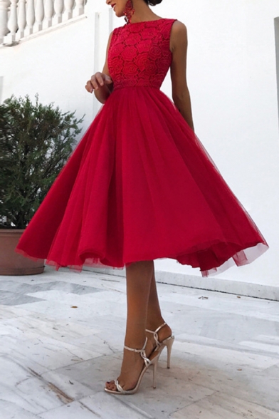 Gorgeous Women's Red Sleeveless Crew Neck Open Back Floral Embroidered Lace Pleated Flared A-Line Evening Gown Dress
