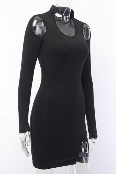 Gothic Black PU Buckle Embellished Cold Shoulder Long Sleeve Mini Tight Dress for Nightclub