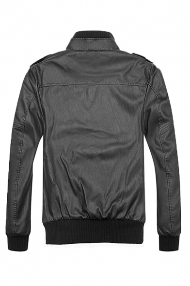 High Collar Epaulets Long Sleeve Rivet Embellished Zipper Pocket Solid PU Jacket Coat